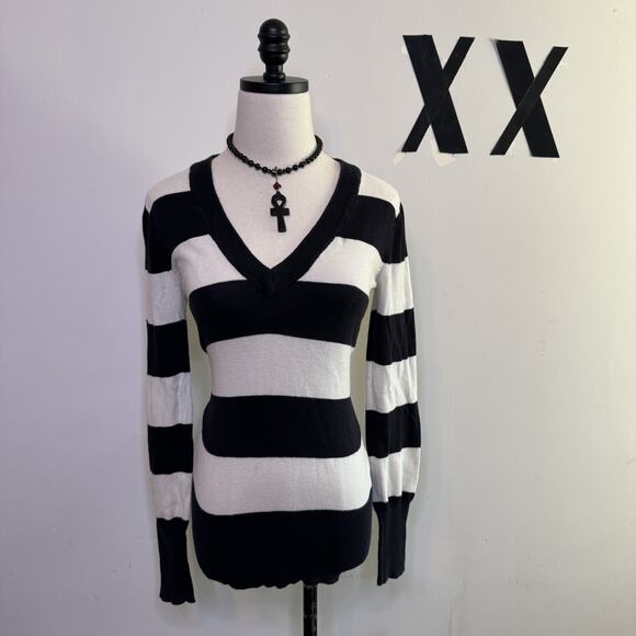 Vintage Sweaters - Vintage Y2K Striped V Neck Sweater Emo Scene Soft Girl Goth Witch Grunge L